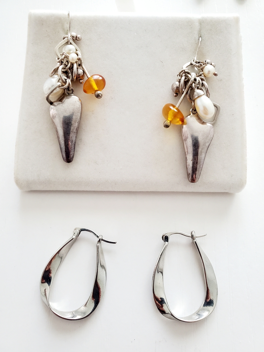Silver and Amber Pearl Dangle Earrings - Women Jewelry